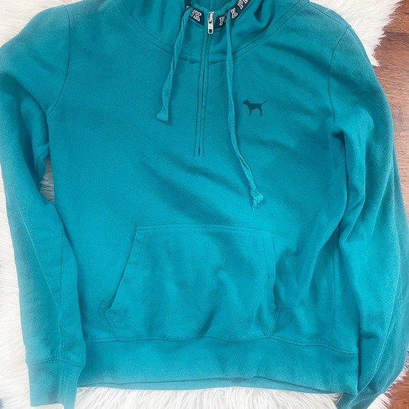 Victoria's Secret PINK Teal Half Zip Hooded Pullover Sweatshirt Size Medium - Picture 7 of 7